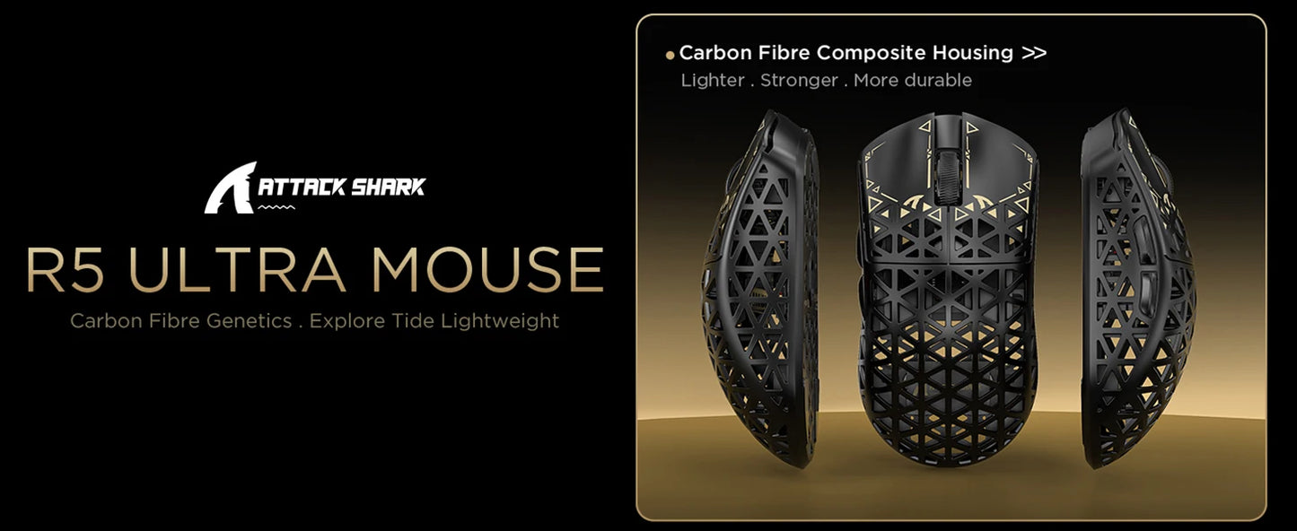 Mouse de gaming wireless ATTACK SHARK R5 Ultra 8K din fibră de carbon, cu senzor 42000 DPI-PAW3950 MAX - ultra-ușor, 39g, pentru Win/Mac