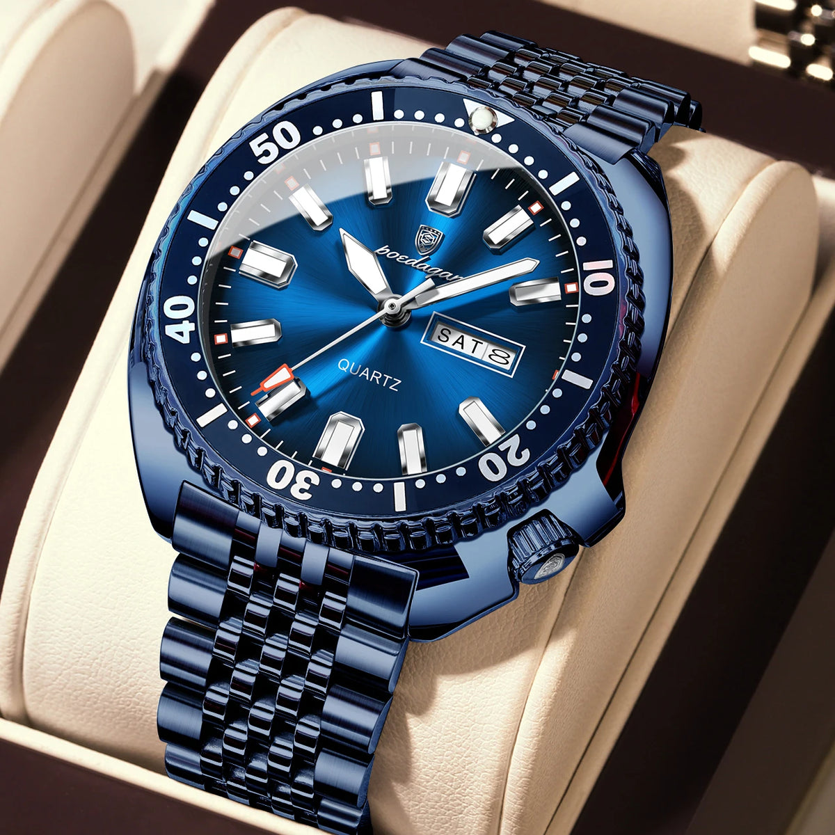 POEDAGAR luxury men’s watch, business style, with date and day of the week, water-resistant and luminous, made of stainless steel and powered by a quartz movement.