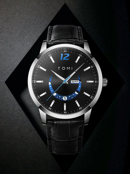 Orologio al quarzo TOMI, dallo stile elegante e professionale, con cinturino in pelle, cassa in lega e quadrante con lancette – Design di alta gamma, idea regalo per uomo