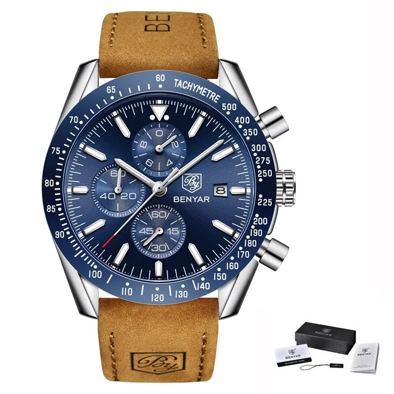 BENYAR luxury men’s watches – Quartz wristwatches with leather straps, water-resistant to 30 m, sporty style.