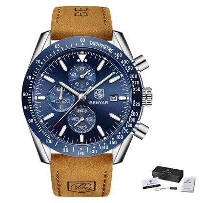 BENYAR luxury men’s watches – Quartz wristwatches with leather straps, water-resistant to 30 m, sporty style.