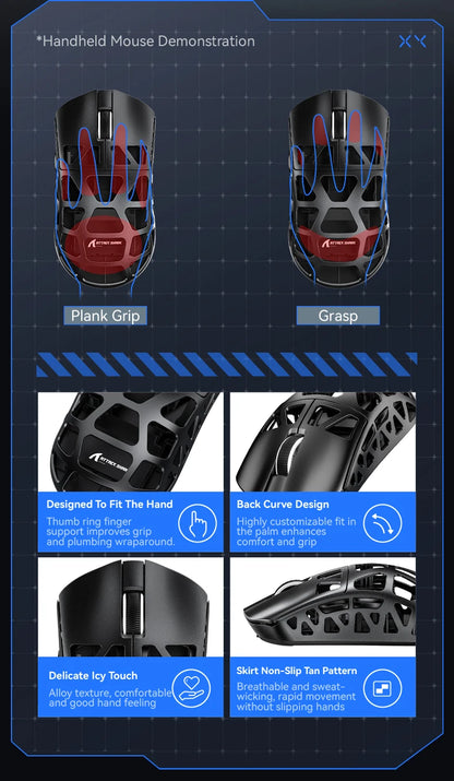 Mouse gaming ATTACK SHARK R3 din aliaj de magneziu cu design tip fagure, ultra-ușor, 8K Hz, senzor PAW3395, 26000 DPI, carcasă ergonomică
