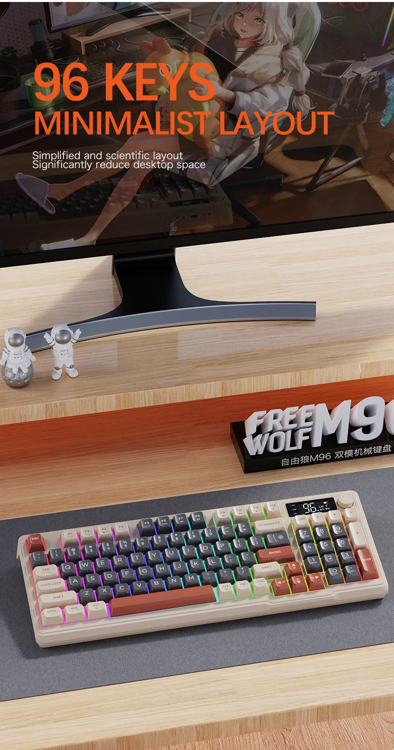 M96 kabellose Bluetooth-Tastatur FREEWOLF mit Digitalanzeige, RGB-Hintergrundbeleuchtung, 2000mAh-Akku & PBT-Tastenkappen für PC/Laptop