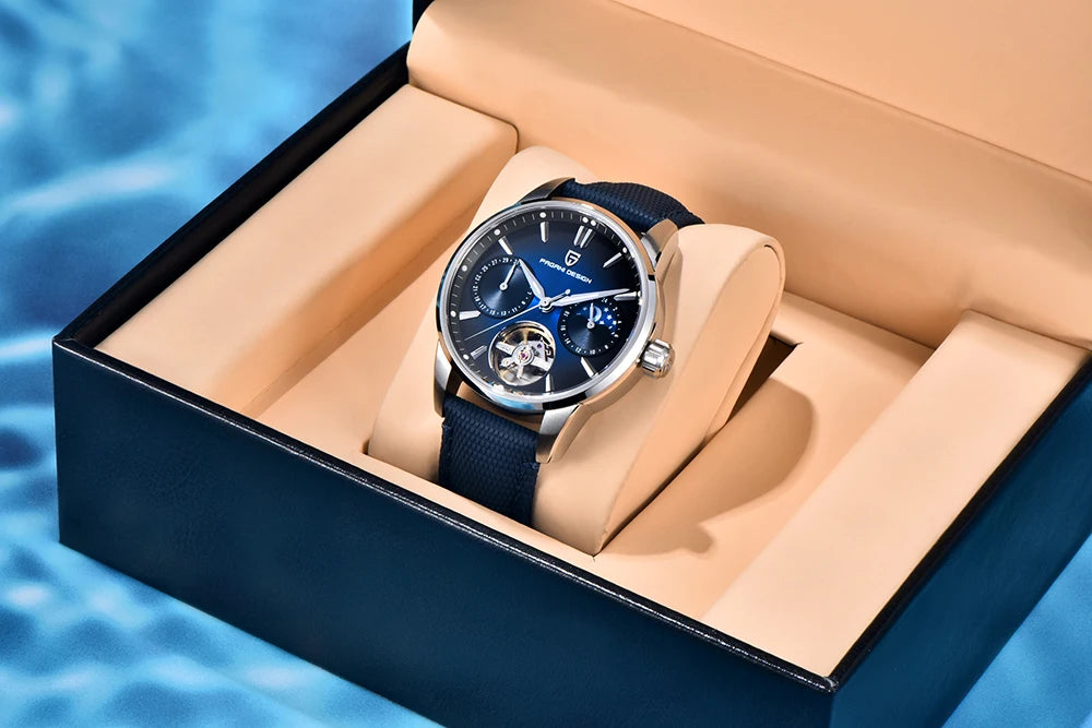 PAGANI DESIGN – Luxus mechanikus férfi karóra, 41 mm, zafírüveg, bőr szíj, vízálló, pilóta stílusú, tourbillon és holdfázis kijelzővel