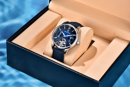 PAGANI DESIGN – Luxus mechanikus férfi karóra, 41 mm, zafírüveg, bőr szíj, vízálló, pilóta stílusú, tourbillon és holdfázis kijelzővel