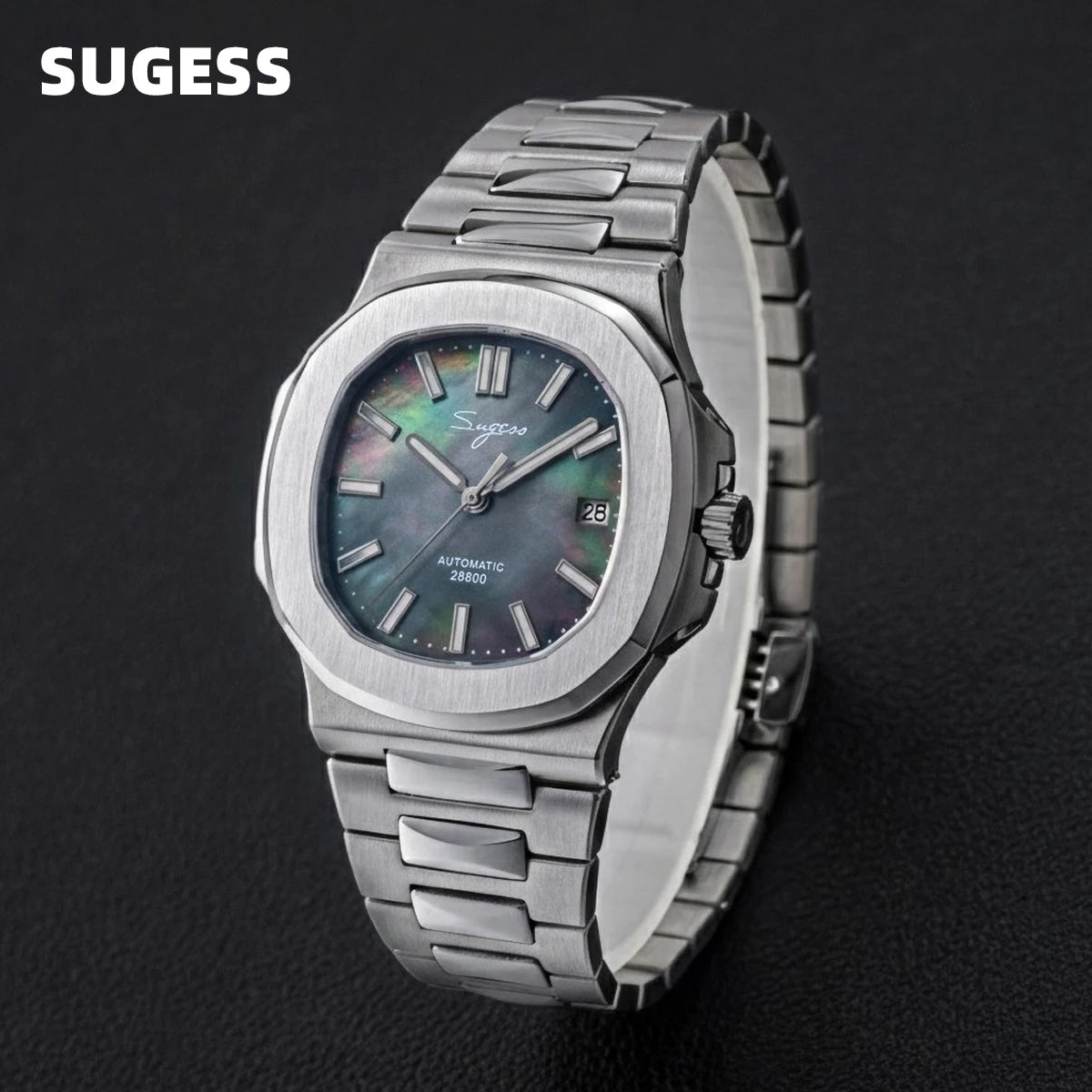 Orologio da uomo Sugess automatico meccanico da polso, movimento Miyota 9015, quadrante MOP, luminoso, impermeabile 5bar, bracciale di lusso S466