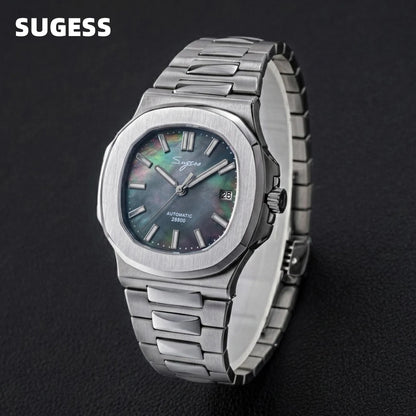 Orologio da uomo Sugess automatico meccanico da polso, movimento Miyota 9015, quadrante MOP, luminoso, impermeabile 5bar, bracciale di lusso S466