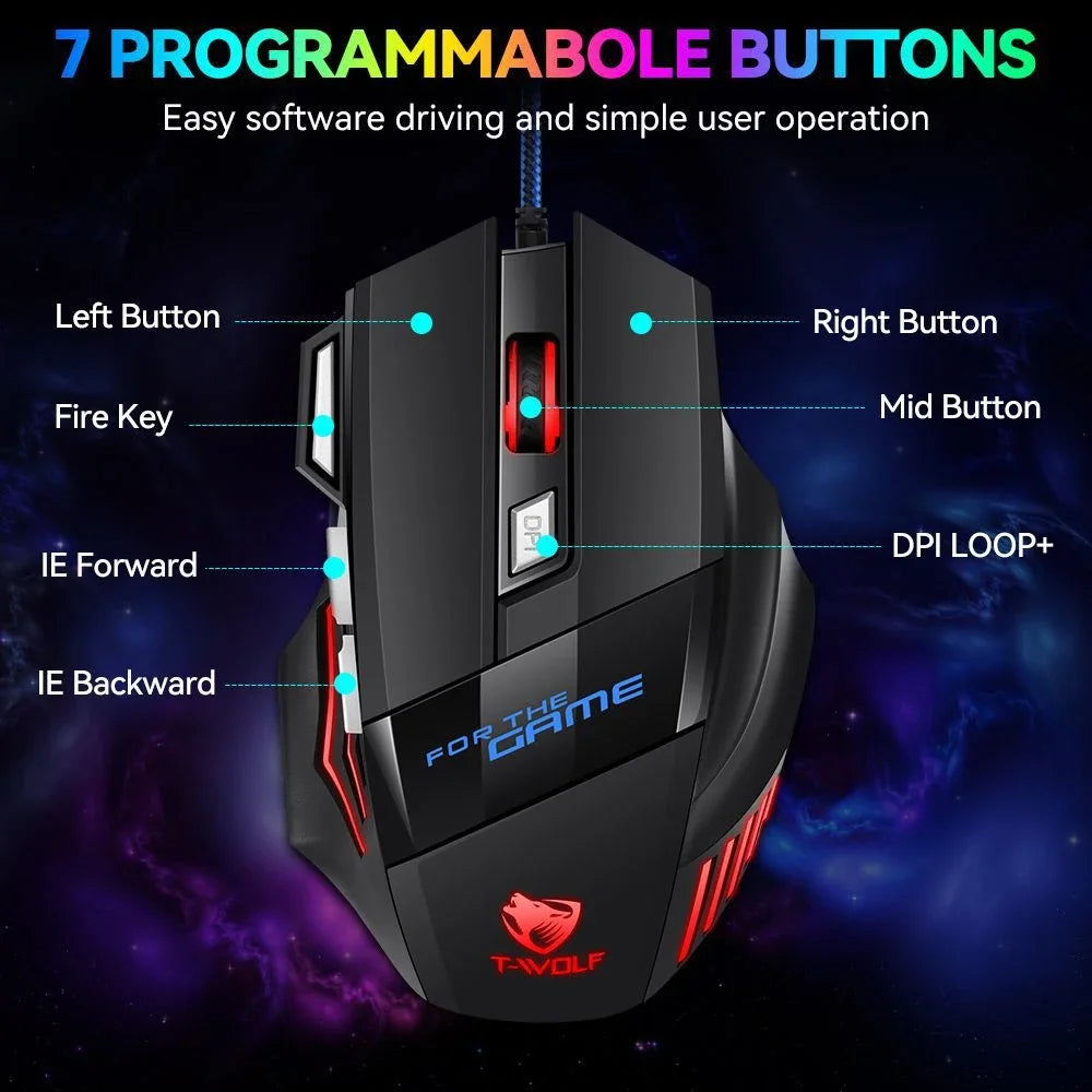 KEBIDUMEI Wired Gaming Mouse 7 Buttons RGB Backlit Mouse Ergonomic USB Mouse 2400 DPI 3 Level DPI For PC Laptop Windows Mac OS