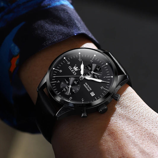 OLEVS 2880 Men’s Watch – Elegant and sleek chronograph, leather strap, automatic date display, water-resistant, luminescent hands, quartz movement.