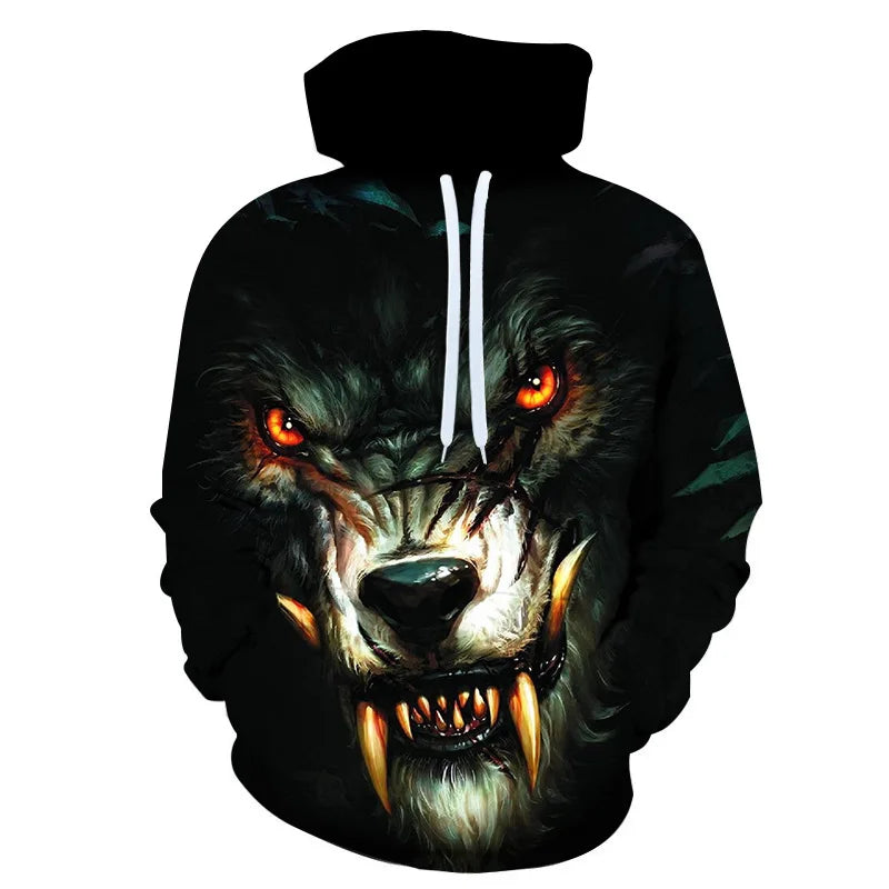 Herren-Hoodie mit Wolf-Grafik, 3D-Print, Outdoor- und Streetwear-Design, Kapuze und Fronttasche