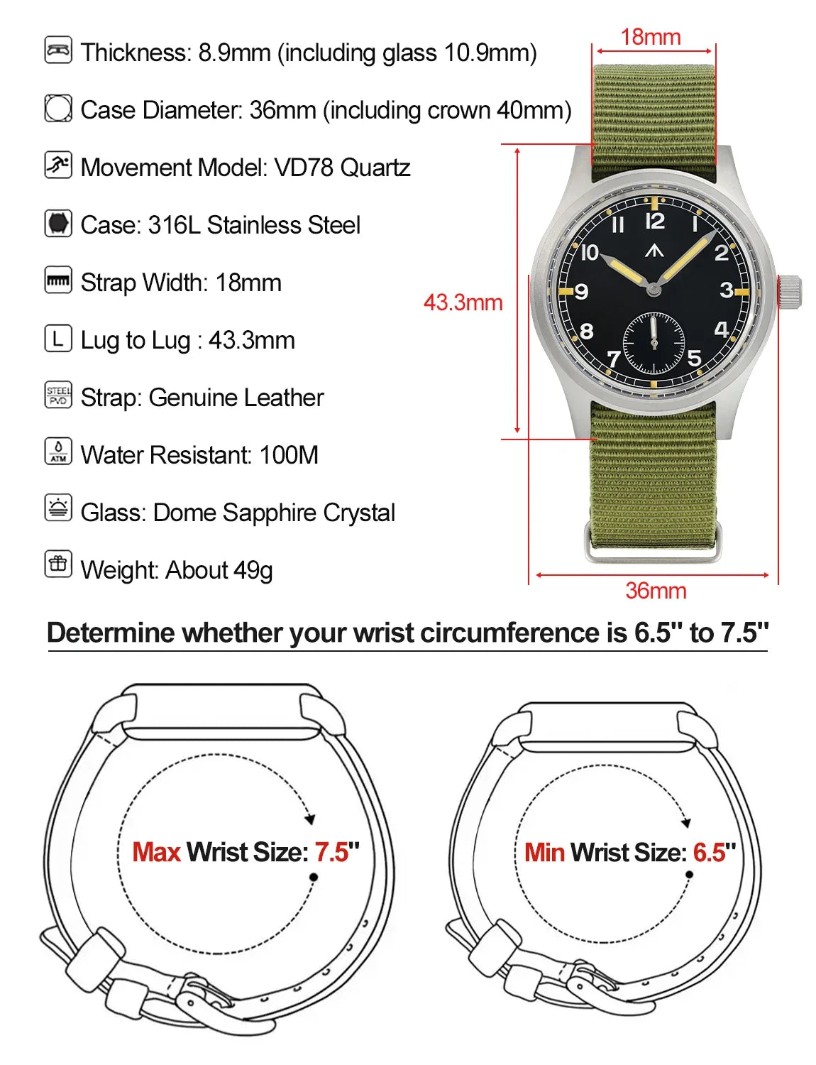 Militado D12 Quartz Watch Men VD78 Movement Domed Sapphire Crystal V2 Clear AR Coating Wristwatch 10Bar Water Resistance Watch
