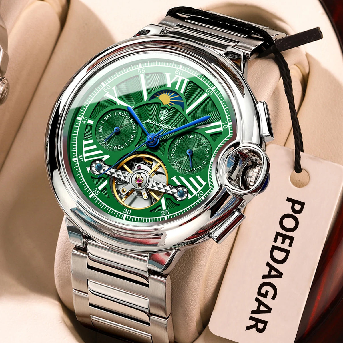 POEDAGAR men’s watch, luxury and professional style, with date and day display, tourbillon, stainless steel case, automatic mechanical movement and water resistance.