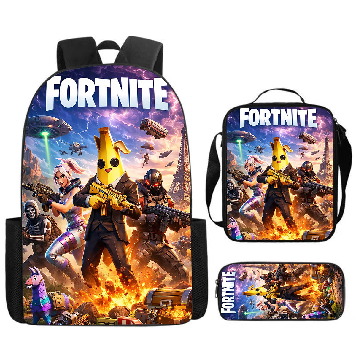 Cute Cartoon 3pcs Set School Backpack with Lunch Bag and Pencil Case, Large Anime Fortnite Kids School Bags for Boys and Girls