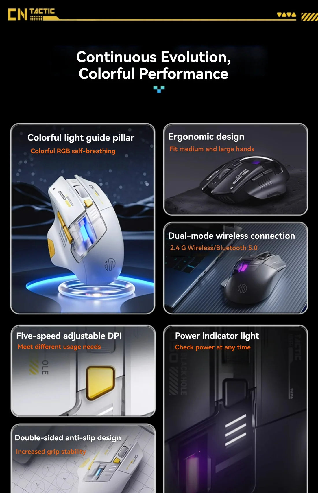 Rato Gaming Inphic A9 Pro Tri-Mode com Coluna de Luz Colorida, Indicador de Bateria, DPI Ajustável, Controlador Macro, Design Ergonómico, 12800DPI