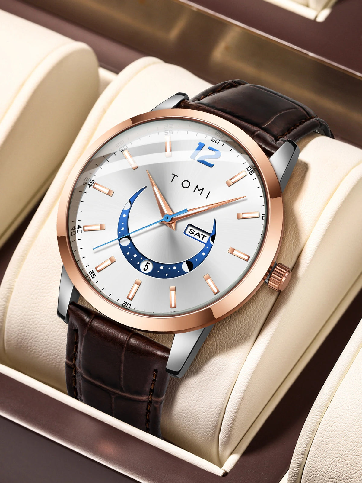 Orologio al quarzo TOMI, dallo stile elegante e professionale, con cinturino in pelle, cassa in lega e quadrante con lancette – Design di alta gamma, idea regalo per uomo