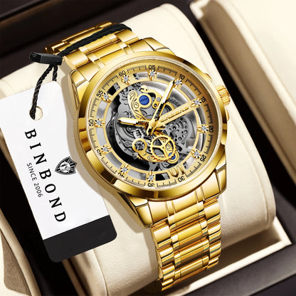 Vintage openwork BINBOND quartz wristwatch for men, luminous, water-resistant, accurate and durable, casual style.