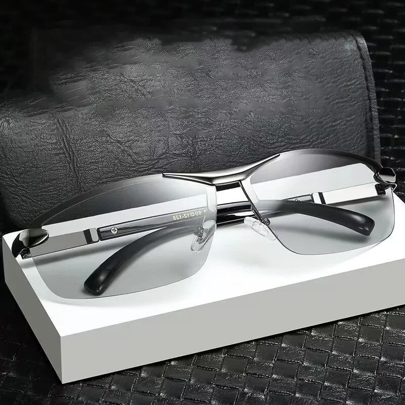 KLASSNUM Men Fashion Cycling Rimless Sunglasses Photochromic Polarized Shades Color Changing Fishing Car Driving Yellow Glasses