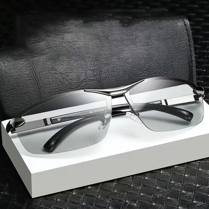 KLASSNUM Men Fashion Cycling Rimless Sunglasses Photochromic Polarized Shades Color Changing Fishing Car Driving Yellow Glasses