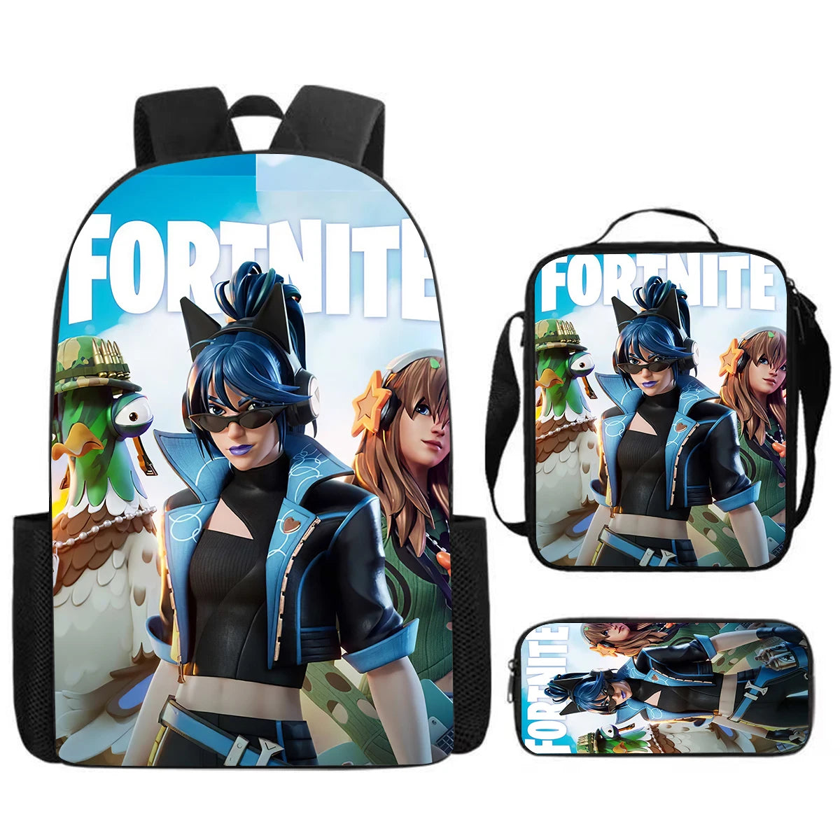 Cute Cartoon 3pcs Set School Backpack with Lunch Bag and Pencil Case, Large Anime Fortnite Kids School Bags for Boys and Girls