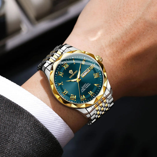 BINBOND Original Brand luxury quartz wristwatch for men, luminous, water-resistant, automatic date, day-of-the-week display, casual style.