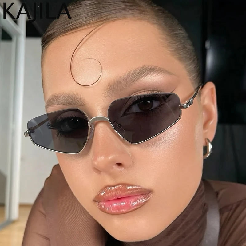 Vintage Semi-Rimless Polygon Punk Sunglasses Women 2026 Luxury Brand Cat Eye Metal Small Frame Sun Glasses Ladies Classic Shades