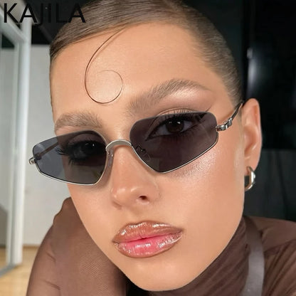 Vintage Semi-Rimless Polygon Punk Sunglasses Women 2026 Luxury Brand Cat Eye Metal Small Frame Sun Glasses Ladies Classic Shades