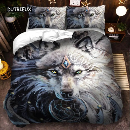 Σετ κλινοσκεπασμάτων 3D Wolf σε μαύρο και λευκό, με ονειροπαγίδα και tribal έθνικ στυλ, παπλωματοθήκη για εφήβους, ενήλικες, γυναίκες και άνδρες, διακόσμηση υπνοδωματίου