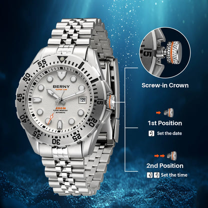 BERNY Men's Automatic Diver Watch Supper Luminous Sapphire AR Coated MIYOTA 8215 316LStainless Steel Single Crown Diving Watches
