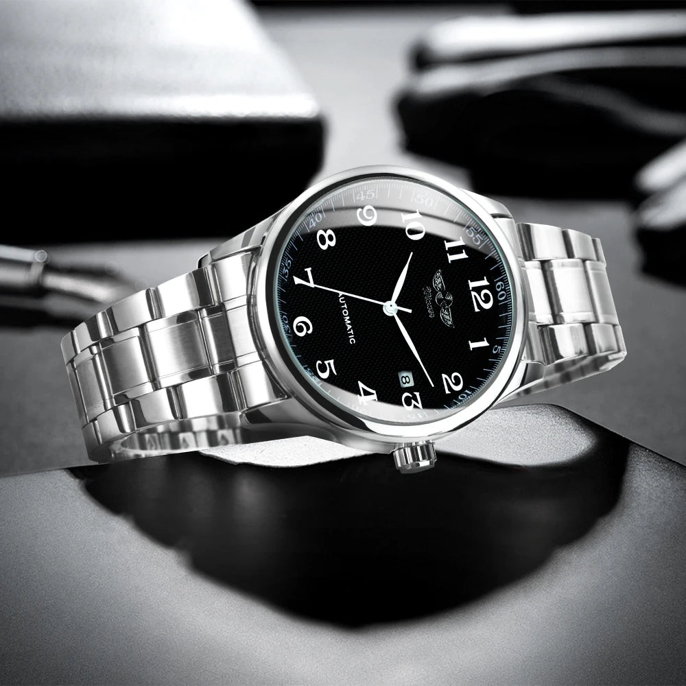 Classic men’s watch – Retro style with date display and blue hands, automatic mechanical movement, prestigious brand, steel case and leather strap