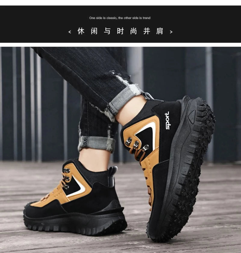 Black And Tan Mid Top Hiking Boots Suede And Leather Platform Sneakers Non Slip Outdoor Casual Shoes With Rugged Sole For All