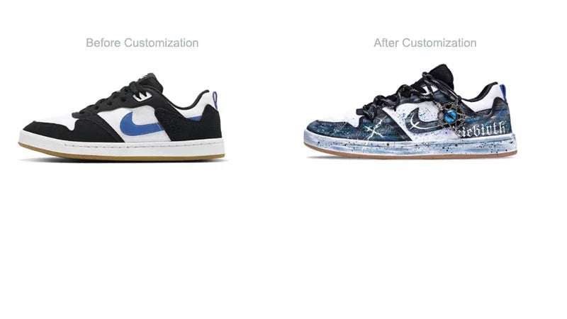 Персонализирани маратонки Nike SB Alleyoop „Starry Eye“ – ръчно рисувани ниски унисекс обувки за скейт (черно/синьо)