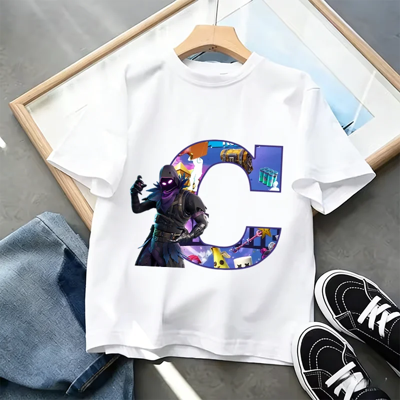 Fortnite A-Z Alphabet Print T-Shirt Summer Kids White Clothing Popular Cartoon Game T-Shirt Fashion Casual Short Sleeve Top Gift