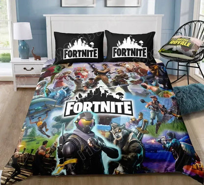 Спален комплект Fortnite с плик за завивка, 3 части, 3D принт, спално бельо за спалня, игра, аниме, анимационна калъфка за възглавница, декорация за стая, подаръци