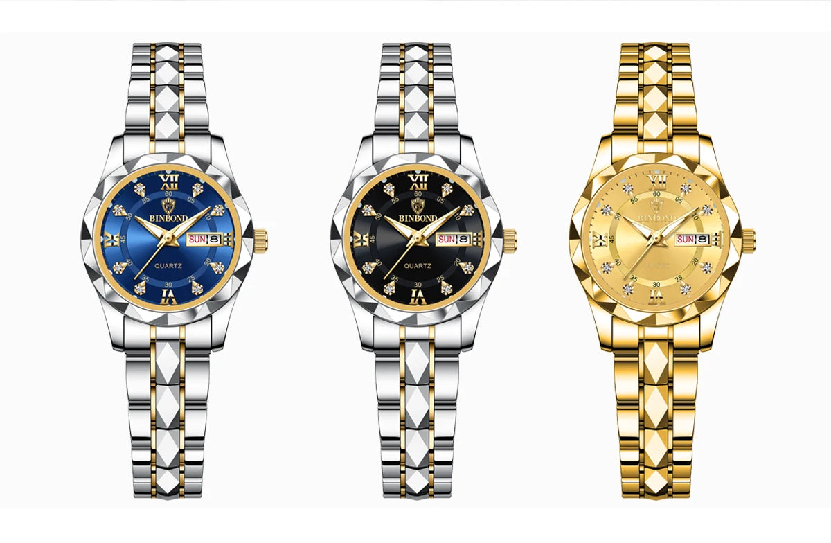 BINBOND ladies’ watch: a robust, luxurious, luminescent and water-resistant quartz watch, featuring an accurate date and day-of-the-week display.