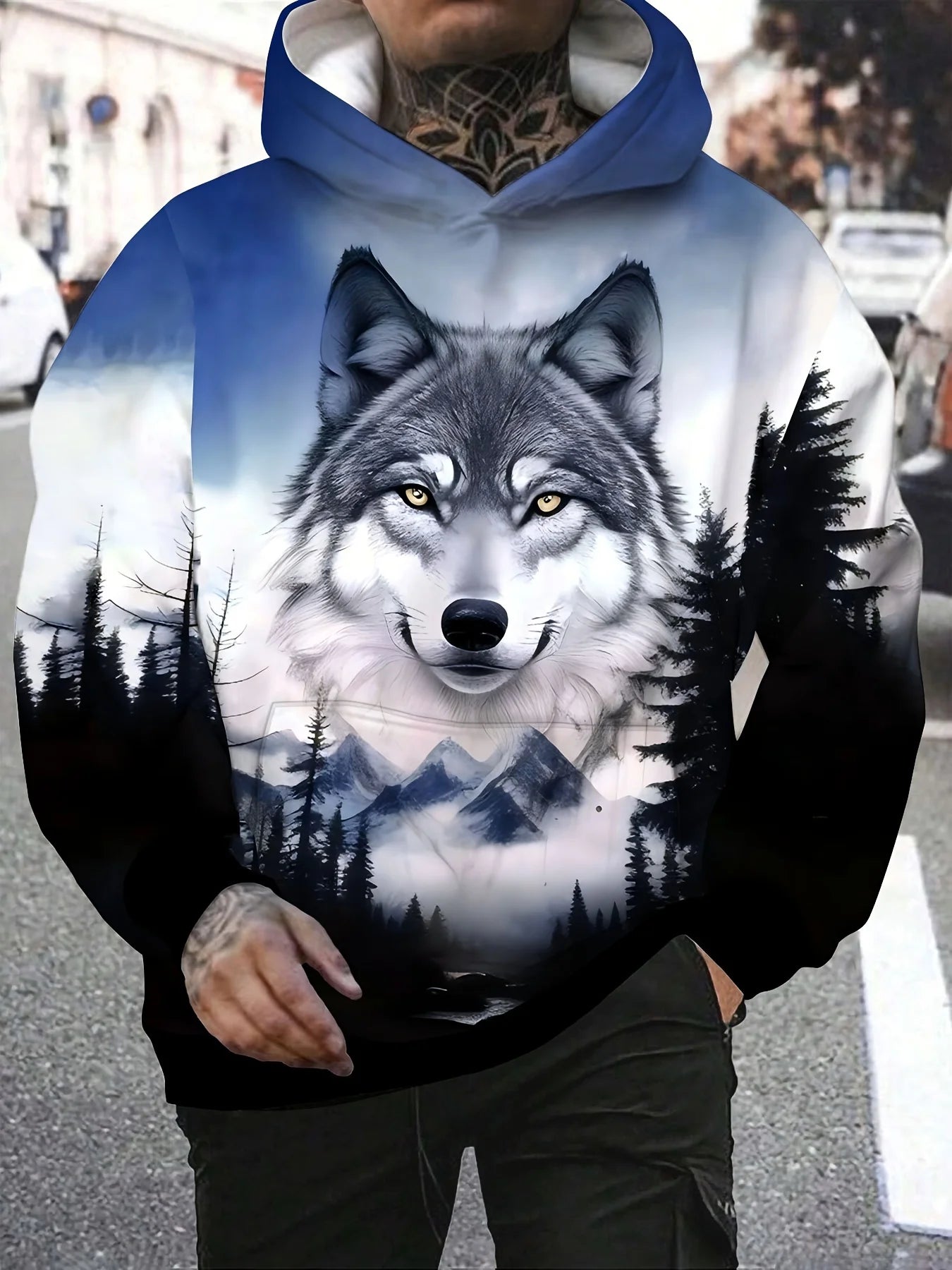 Herren-Outdoor-Hoodie mit 3D-Wolf-Grafik, Streetwear-Kapuzenpullover mit Fronttasche und Designer-Sweatshirt-Stil
