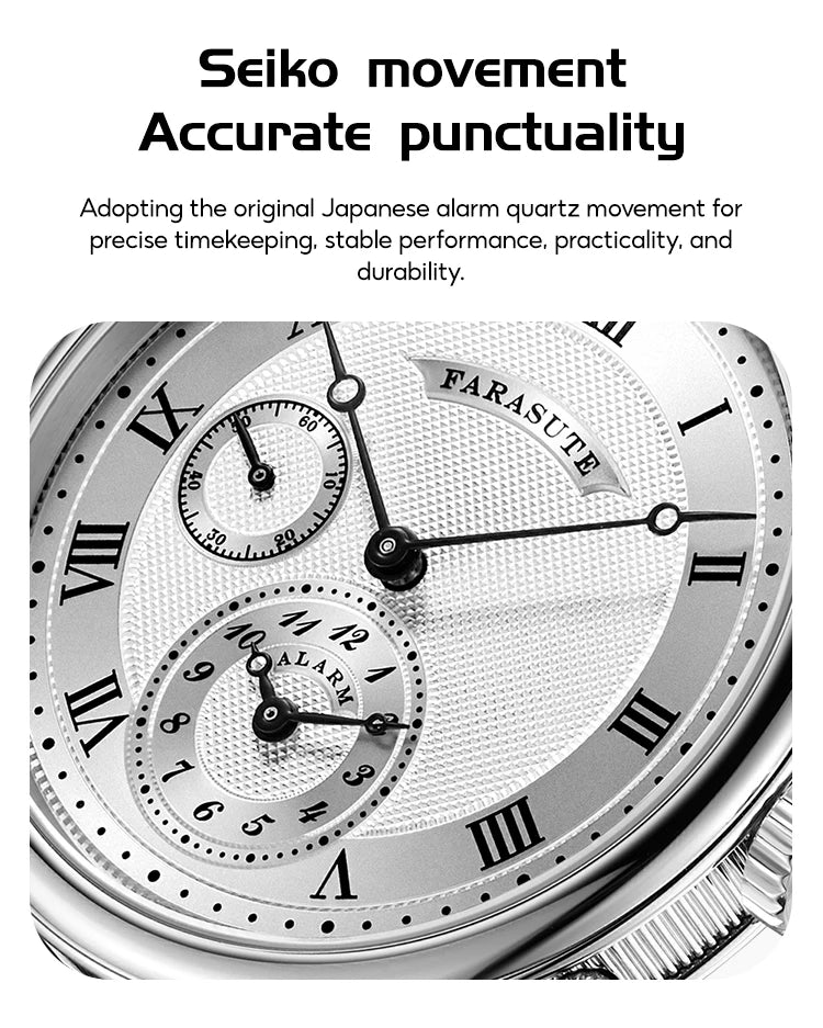 FARASUTE Retro Luxury Alarm Clock Quartz Watch Men Waterproof Night Light Wristwatch Casual Sapphire Stainless Steel Male Watch