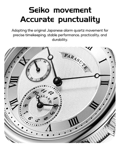 FARASUTE Retro Luxury Alarm Clock Quartz Watch Men Waterproof Night Light Wristwatch Casual Sapphire Stainless Steel Male Watch
