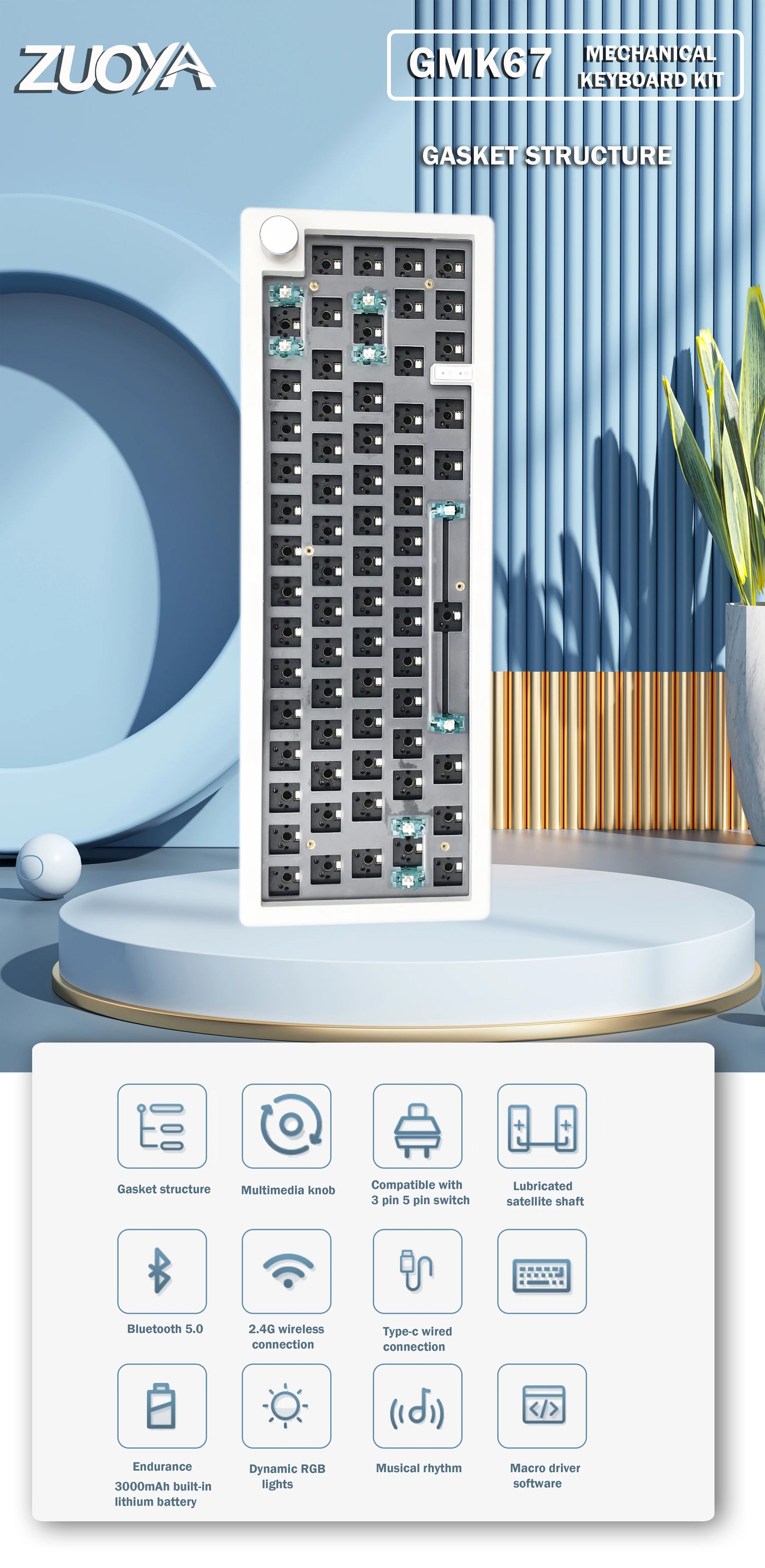 Kit de teclado mecânico personalizado GMK67 65% Gasket Bluetooth 2.4G sem fios hot-swappable com retroiluminação RGB