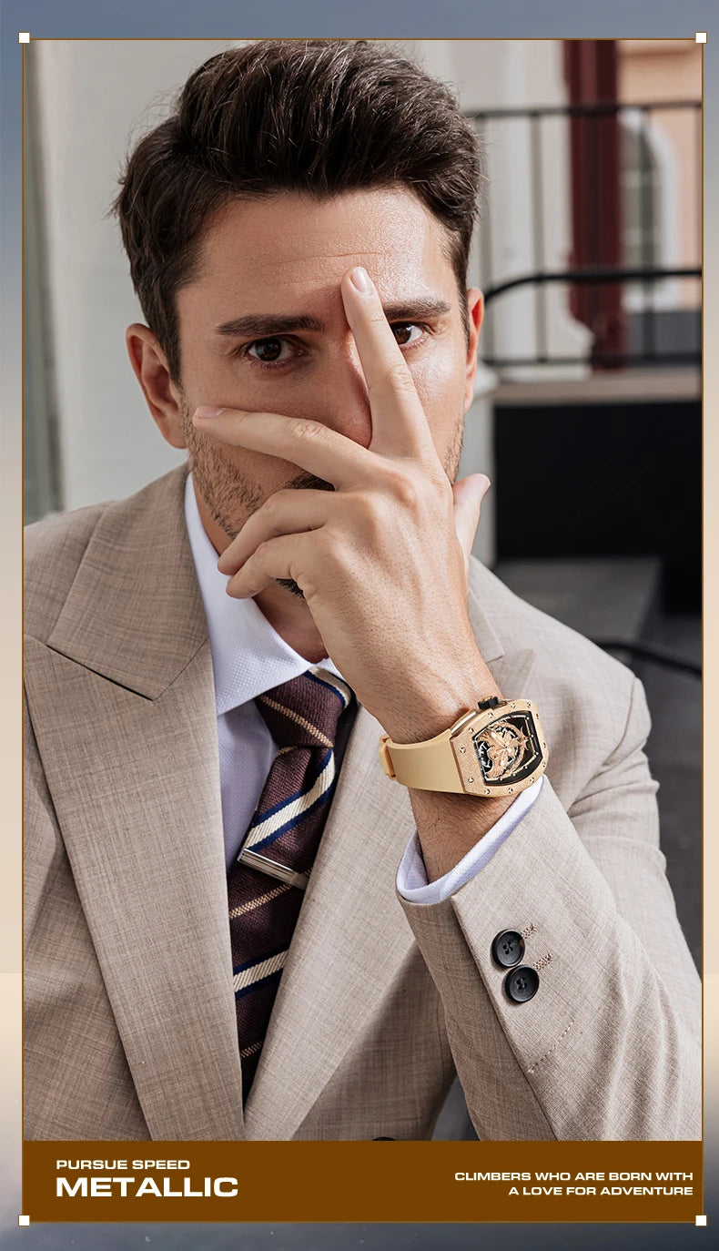 BONEST GATTI Luxury Men's Hollow Automatic Mechanical Watches Tonneau Sapphire Crystal Luminous Hollow Eagle Dial Rubber Straps