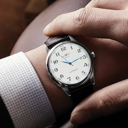 Herrklocka WINNER – Klassisk, retro och elegant stil – Mekanisk automatisk klocka med kalender – Lyxmärke, boett i stål och läderarmband
