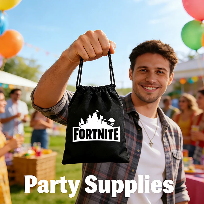 Fortnight Themed Series Black/Silver Small Drawstring Bag Portable Storage Cartoon Pocket Gifts for Birthday Party Arrangements