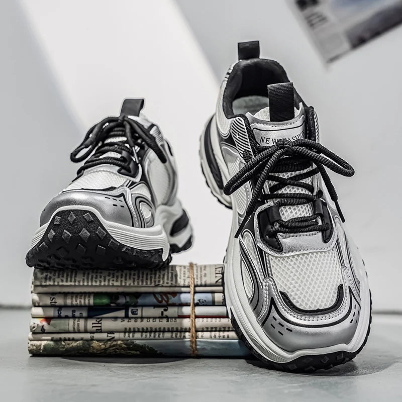 Unisex Trendy Chunky Dad Sneakers Silver Black Retro Couple Breathable Mesh Casual Platform Shoes