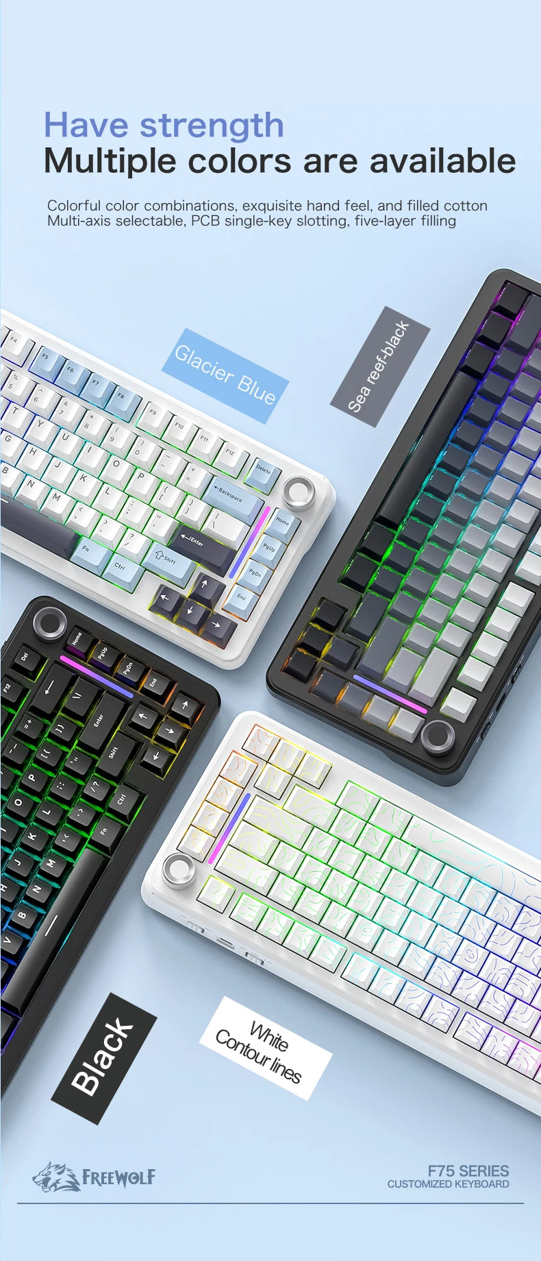 F75 Mechanische Tastatur FREEWOLF * AULA F75 Bluetooth-Tastatur mit drei Verbindungsmodi, speziell für Gaming und Büro entwickelt