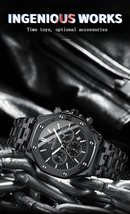 BINBONG B0161 Top Brand Man Business Quartz Watch Chronograph Wristwatch Stainless Steel Strap 30M Waterproof Luxury Men Watch