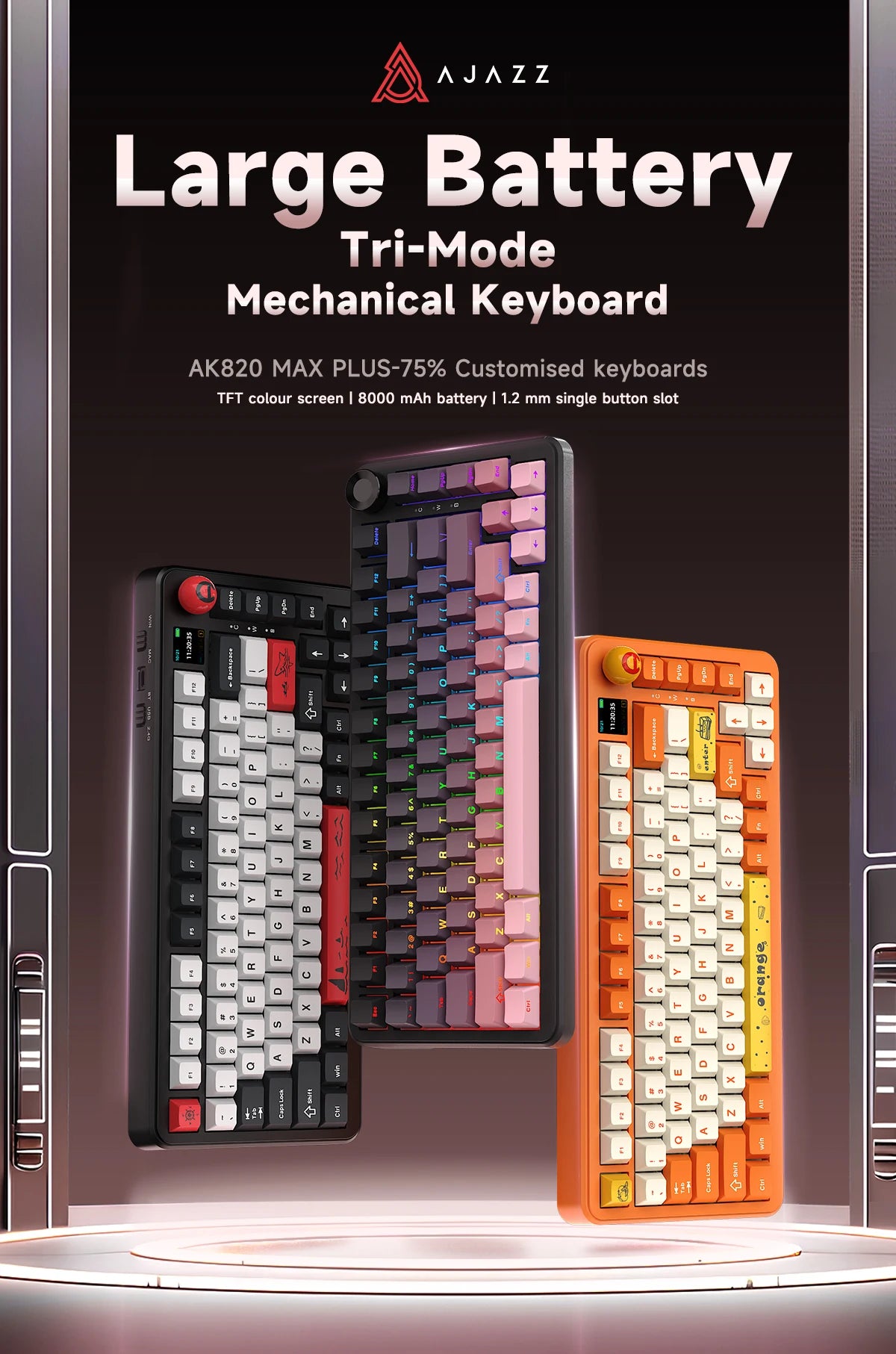 AJAZZ AK820 MAX PLUS Tri-mode TFT Screen Gaming Keyboard 8000mAH dual system hot swap FR4/PC Plate Volume Knob