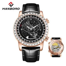 HANBORO men’s mechanical watch – Automatic movement, alarm, hourly chime, water-resistant to 100 m, sapphire crystal, steel case, elegant and unique style.