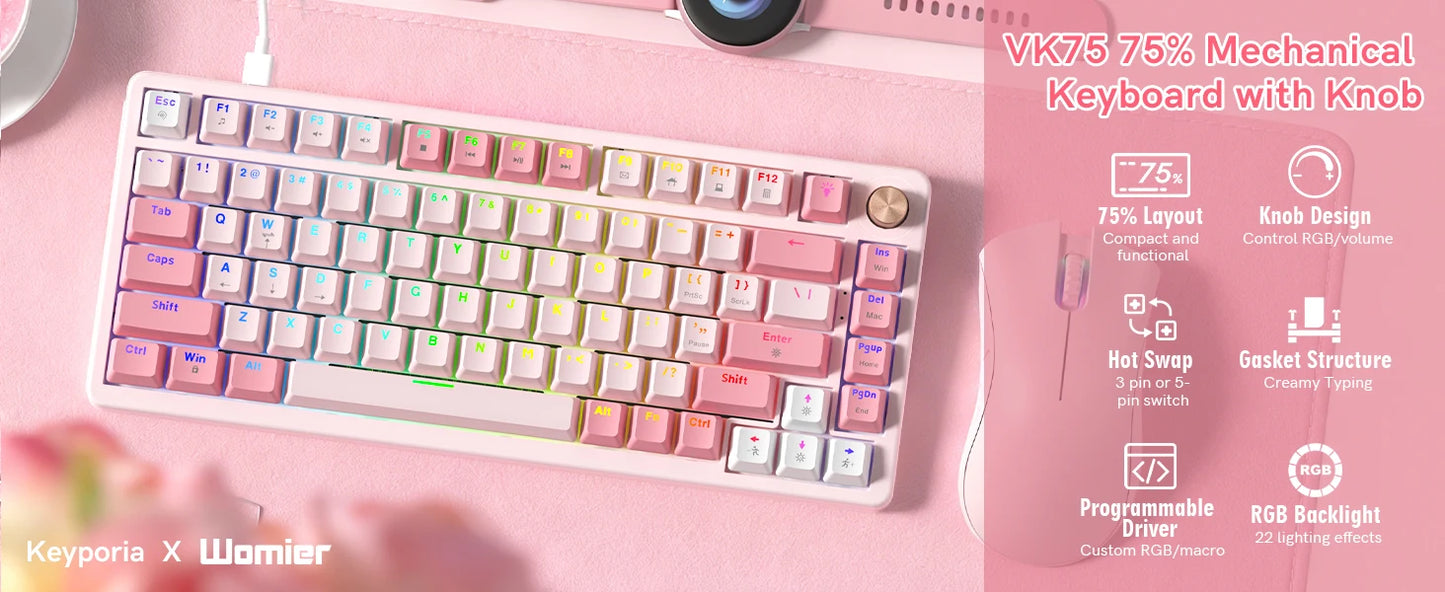 Womier VK75 Wired Mechanical Keyboard Retro Pink Custom Hot-swappable Keyboard for PC Computer Laptop