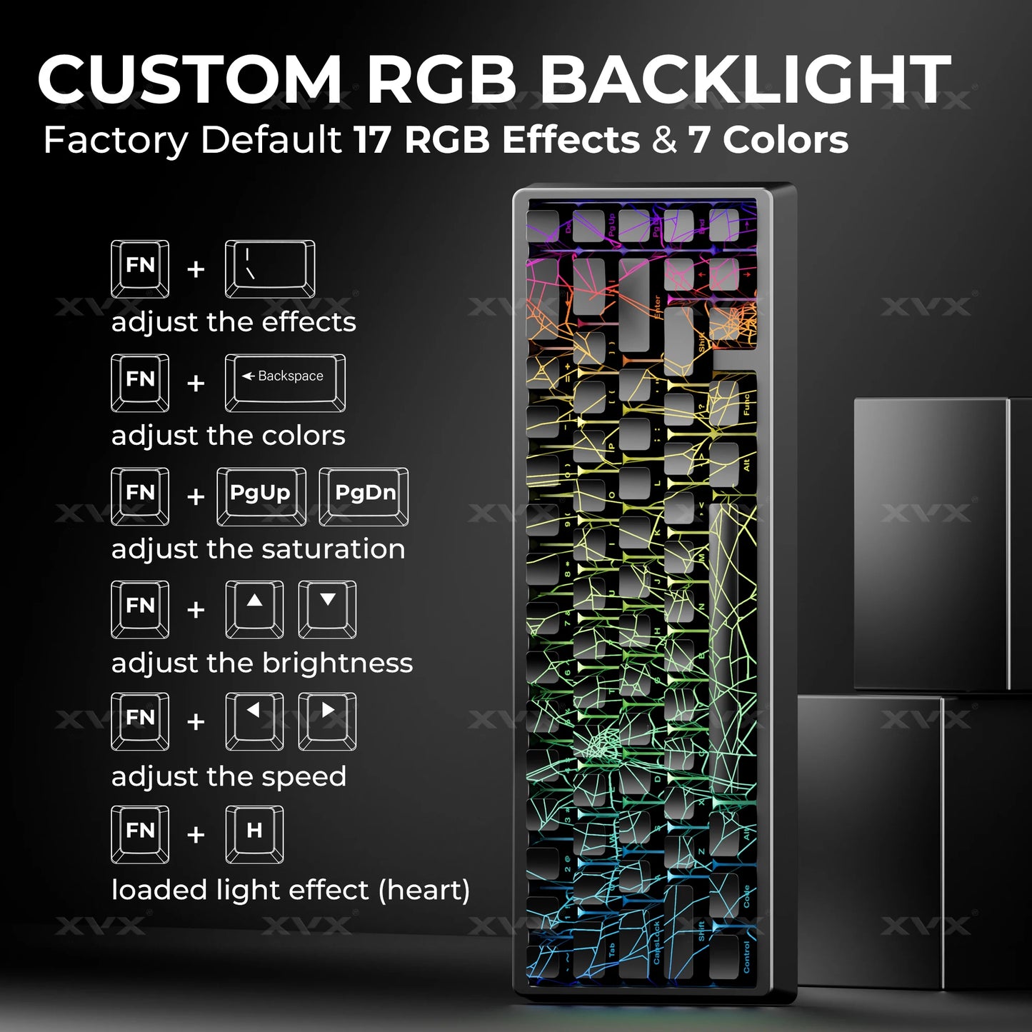 Tastiera XVX Spider Web M67 JadeStone con keycap IMD-Tech, connessione tri-mode, retroilluminazione RGB personalizzata, formato 60%