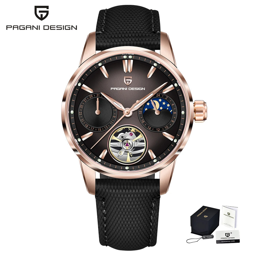 PAGANI DESIGN – Luxus mechanikus férfi karóra, 41 mm, zafírüveg, bőr szíj, vízálló, pilóta stílusú, tourbillon és holdfázis kijelzővel