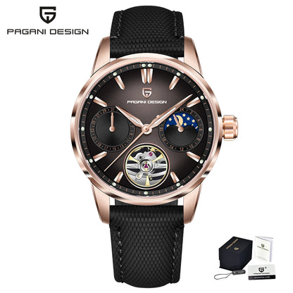PAGANI DESIGN – Luxus mechanikus férfi karóra, 41 mm, zafírüveg, bőr szíj, vízálló, pilóta stílusú, tourbillon és holdfázis kijelzővel